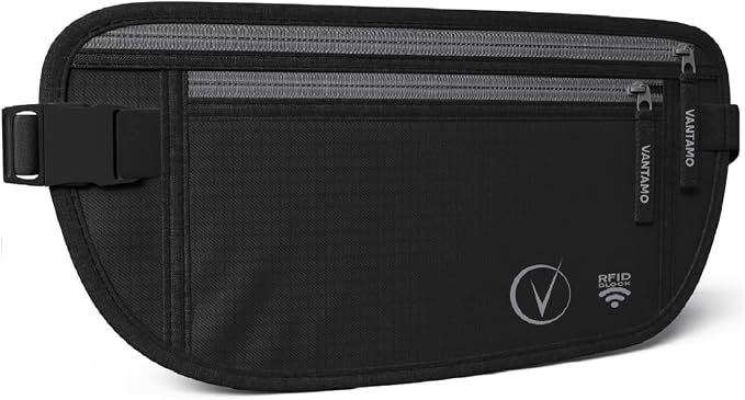 VVantamo Money Belt with RFID For Men & Women, Hidden Passport Holder for Travel, 2 Compartment Travel Fanny Pack for Women Anti Theft by Vantamo