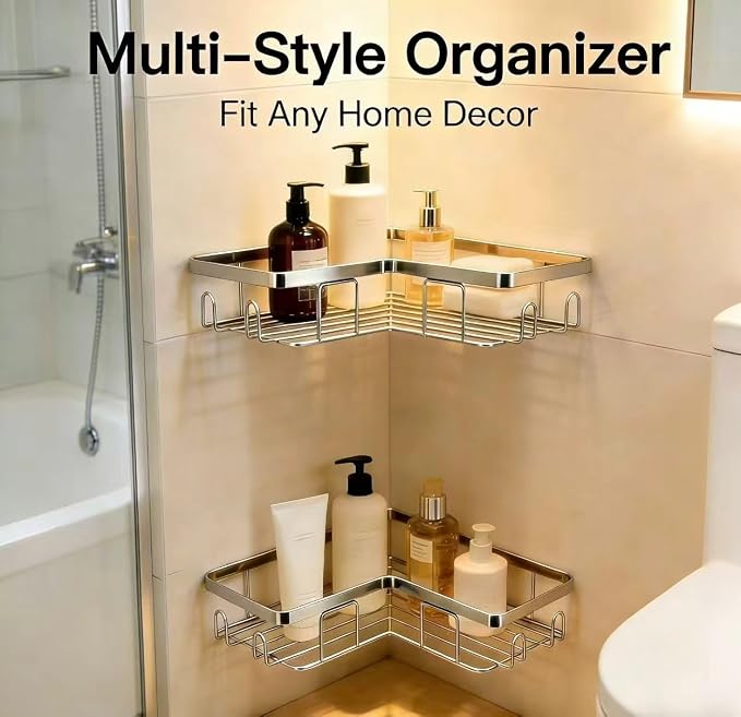 Shower Caddy 2 Pack, Stainless Steel No Drilling Adhesive Bathroom Organizer Shelf Rack, Corner Shower Shelf with Hooks for Home Decor & Storage - Image 3