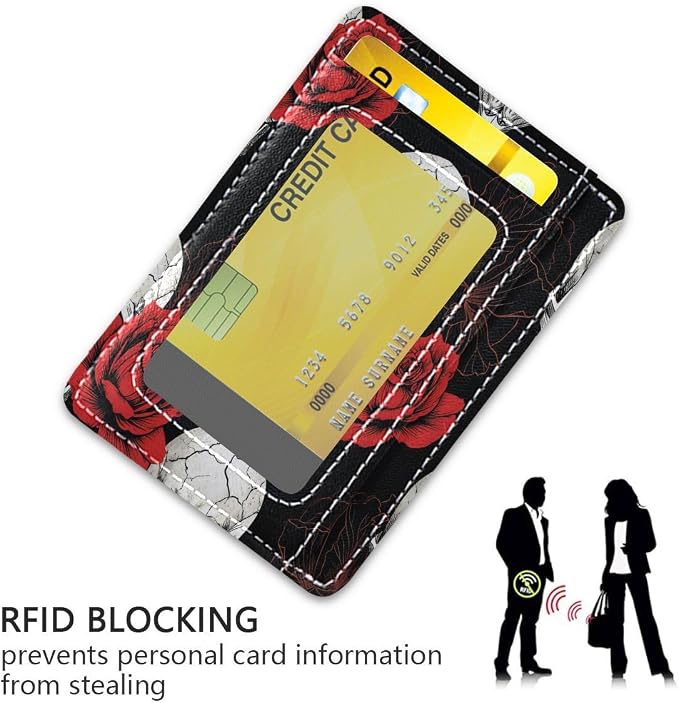 Front Pocket Minimalist Leather Slim Wallet Credit Card Holder Skull Red Poppy Flower Floral for Men & Women - Image 3