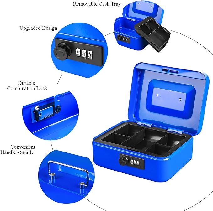 Jssmst Medium Cash Box with Combination Lock-Durable Metal Cash Box with Money Tray Blue, 7.87 x 6.3 x 3.35 inches, CB0702M - Image 3