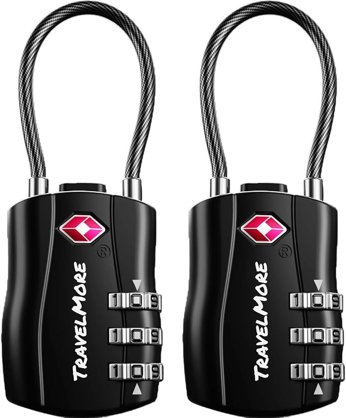 TSA Approved Luggage Locks, Travel Combination Cable Locks | TSA Accepted, Easy to Use, Durable, Flexible Steel Cable, Zinc Alloy Body, for Suitcases, Backpacks, Zippers, 2-Pack, Black by TravelMore