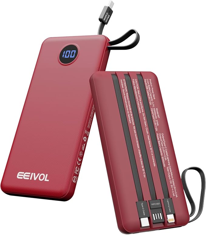 Portable Charger with Built in Cables, Slim 10000mAh Power Bank, USB C Battery Pack Travel, 4 Output 2 Input External Charging Bank for iPhone 17/16/15/14/13,Samsung, Android, etc-Red(1 Pack) by EEIVOL