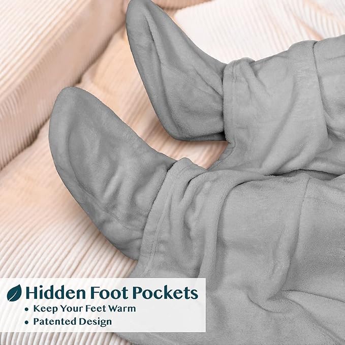 PAVILIA Fleece Blanket with Sleeves, Foot Pockets for Women Men Adults, Plush Wearable Blanket Throw Wrap, Warm Snuggle Blanket Robe, Cozy Gift Ideas Wife Mom, Light Gray - Image 2