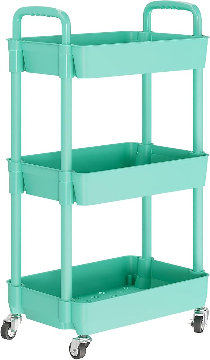 Laiensia 3-Tier Rolling Cart with Wheels,Multifunction Utility Storage Carts, Kitchen Storage Organizer,Mobile Shelving Unit for Bathroom,Laundry,with Classified Stickers,Green - Image 2