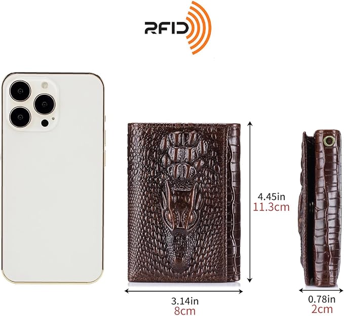 STEELLION Men's Trifold Wallet, Cowhide, 13 Card Slots, ID Window, RFID | Croc-embossed cowhide with a removable chain; practical organization for office, travel, and everyday carry (Coffee) - Image 3