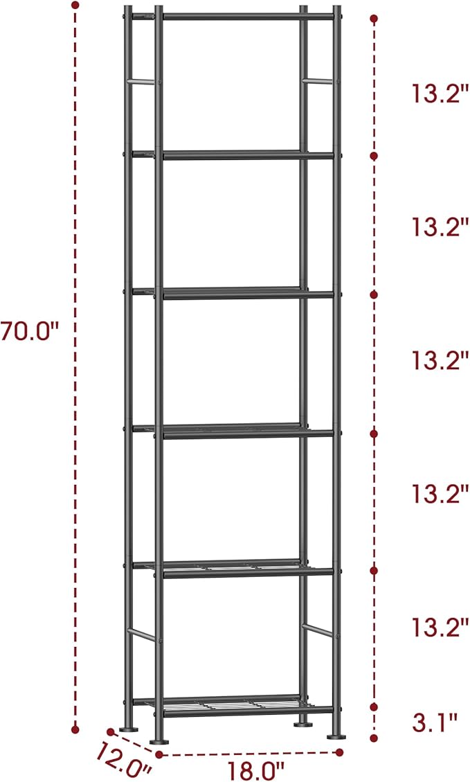 Sakugi Storage Shelves - 6 Tier Shelf Organizer, Sturdy Metal Garage Shelving with Adjustable Leveling Feet, Space-Saving Shelves Organizer for Pantry, Laundry, Kitchen (18" x 12" x 70", Black) - Image 2