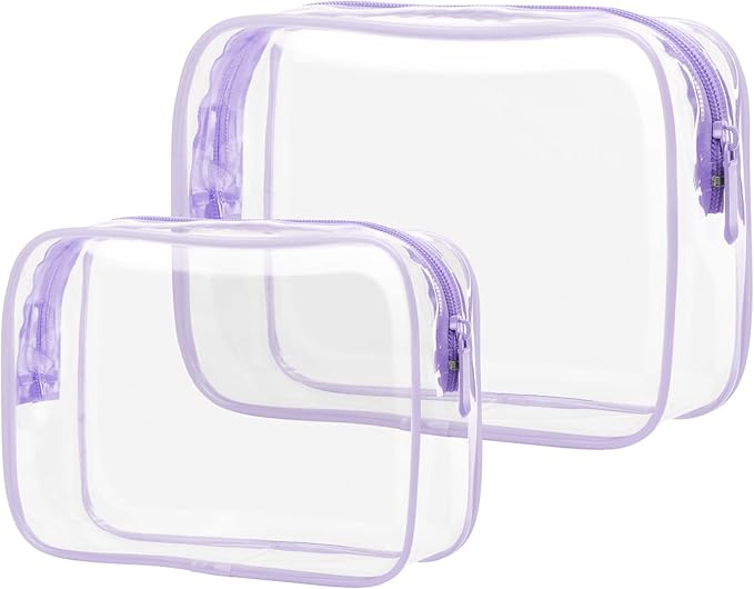 Clear Makeup Bag Travel - TSA Approved Toiletry Bag, 2 Light Purple | 1 Medium Quart Carry-On & 1 Large Checked-Luggage, Reinforced Seams, Water-resistant, Clear Easy-Check for Airport, Women by Packism