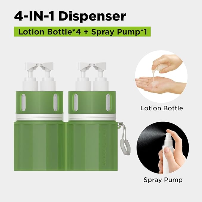4 in 1 Travel Dispenser Bottle,TSA Approved Refillable Travel Size Toiletries Bottles Set with Suction Cup for Smooth Walls - for Shampoo,Conditioner,Body Wash,Lotion.(Green) - Image 4