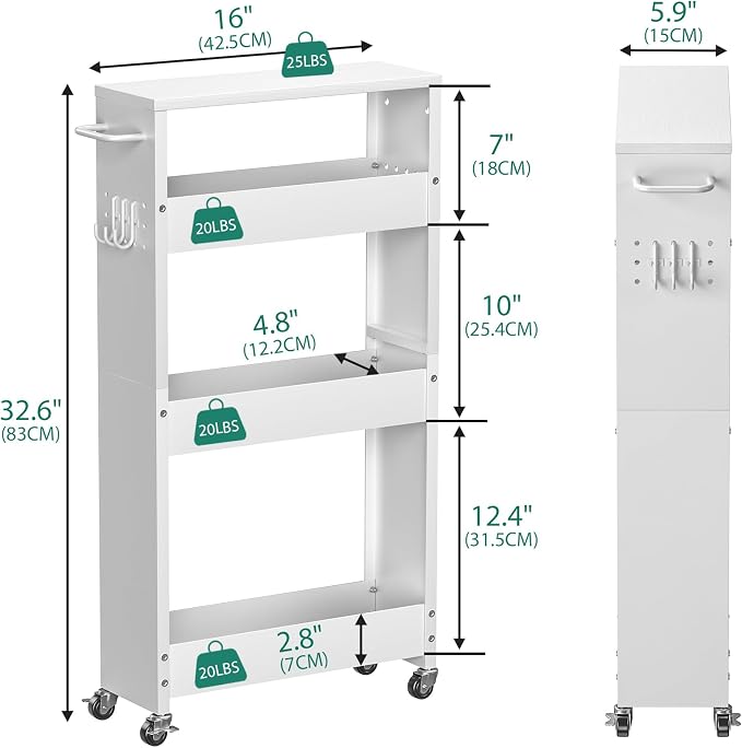CHLORYARD Slim Storage Cart, 4-Tier Kitchen Rolling Cart Narrow Storage Cabinet with Handle & Wheels, Metal Rolling Shelf Unit for Kitchen Bathroom Laundry Small Places (5.9IN White/White) - Image 4