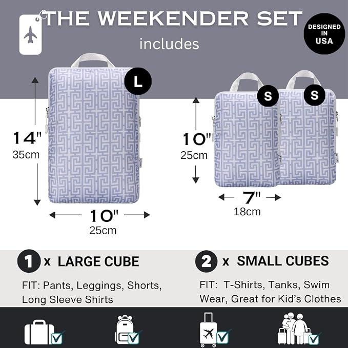 Compression Packing Cubes Organizer Bags for Suitcase & Backpack, Packing Cubes for Travel, Lightweight Luggage Organizers, Travel Cubes for Packing, Vacation Essentials - 3pc Set - Light Blue Boho - Image 2