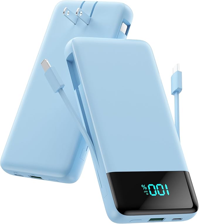 Portable Charger for iPhone with Built in Cables and Wall Plug,Upgraded 13800mAh Fast Charging USB C Power Bank,4 Outputs Travel Essential Battery Pack Compatible with iPhone 17/16/15/14,-Light Blue by FOCHEW