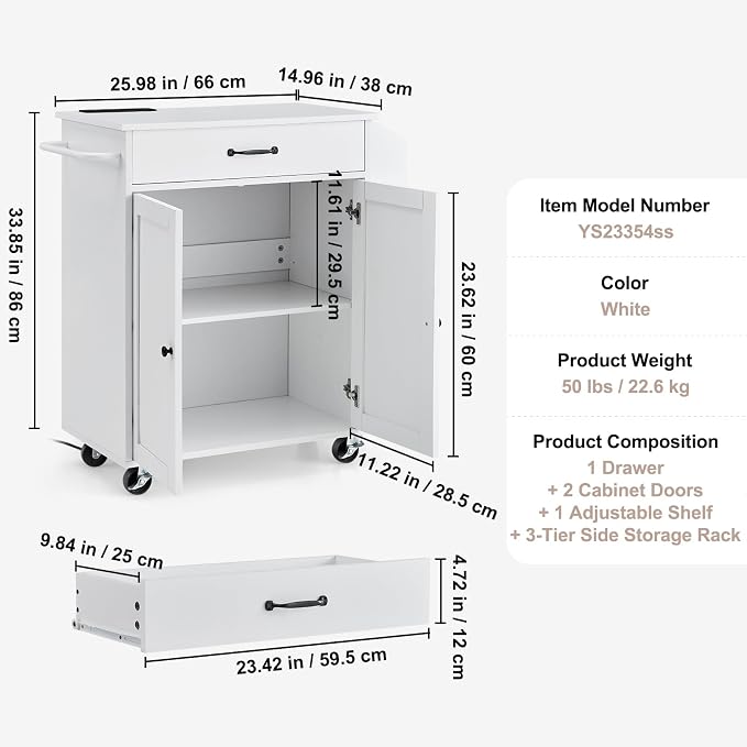 VEVOR Kitchen Island Cart, 32" Mobile Carts with Storage Cabinet, Rolling Table with Power Outlet, Spice Rack, Towel Bar, Adjustable Shelf, Drawer, Dining Living Room Portable Islands on Wheels, White - Image 7