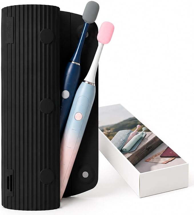Electric Toothbrush Travel Case with 2 Head Covers, Black | Waterproof Silicone Case Protects Your Electric Toothbrush During Travel, Gym Visits and Business Trips by GIURKUU