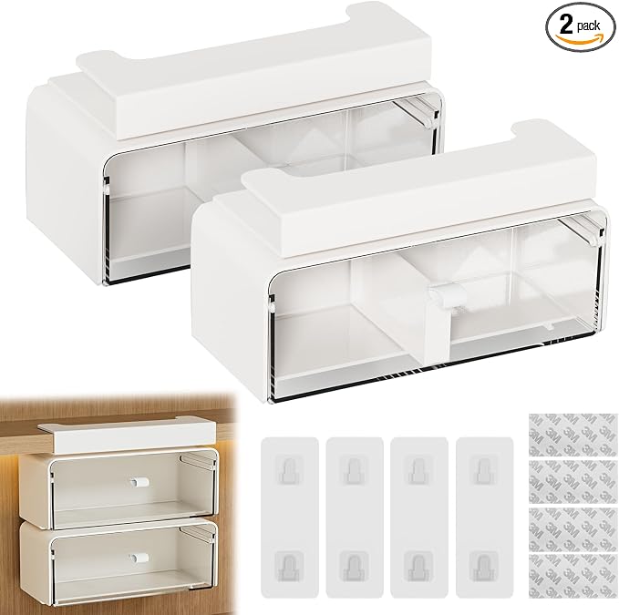 2 Pack Hanging Under Shelf Storage Container, No Drill Adhesive Pull Out Drawer Organizer, Moisture Proof Clear Makeup Organizer for Tables, Home & Office, Counters, Workstation by SZRUNZHU