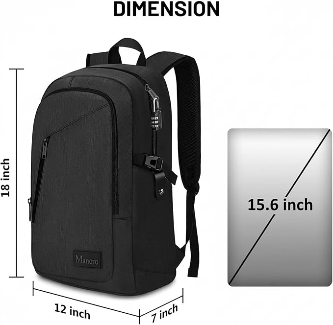 Mancro Business Travel Laptop Backpack, Anti Theft Slim Laptop Bag for Men | Water Resistant Work Backpack with Lock, Tech Computer Bag with Laptop Compartment Fits 15.6 Inch Laptop for Travel, Black - Image 3