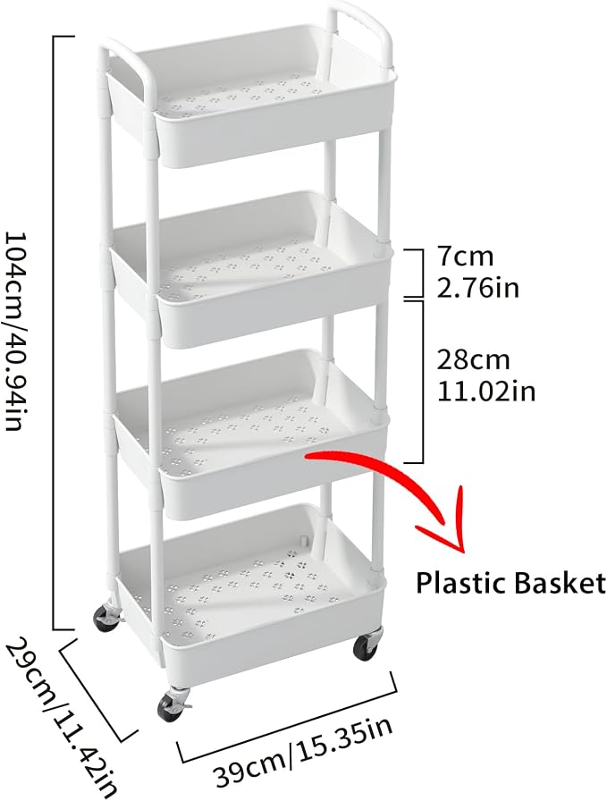 Sywhitta 4-Tier Plastic Rolling Utility Cart with Wheels for Storage,White | Multi-Functional Storage Trolley, for Office, Living Room, Kitchen, Bathroom,Movable Organizer,Space-Saving,Easy to assemble - Image 2