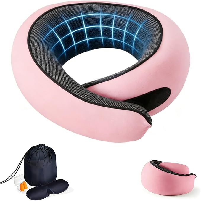 Travel Neck Pillow- 360° Ergonomic Memory Foam Travel Neck Pillow Airplane,Premium Breathable Relief Neck Pain for Long Flights,Car & Office（Pink by SANPUKShampoocap