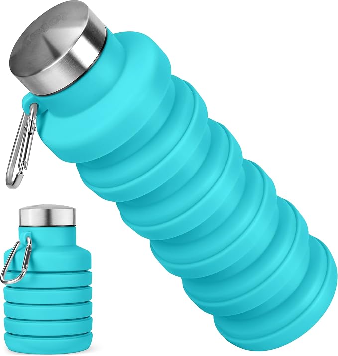 Collapsible Water Bottle, 16oz Portable Reusable Silicone Water Bottle with Carabiner for Gym, Travel, Camping, Hiking, Sports, Lightweight, BPA-Free, Leak-Proof, Foldable Design, Blue by HOME