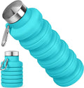 Collapsible Water Bottle, 16oz Portable Reusable Silicone Water Bottle with Carabiner for Gym, Travel, Camping, Hiking, Sports, Lightweight, BPA-Free, Leak-Proof, Foldable Design, Blue by HOME