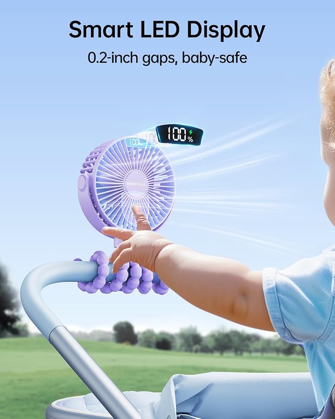 SWEETFULL Portable Stroller Fan with LED Display, 4 Speed Rechargeable Mini Clip On Fan, Built-in Non-Removable Rechargeable Battery,Sealed housing - Image 2