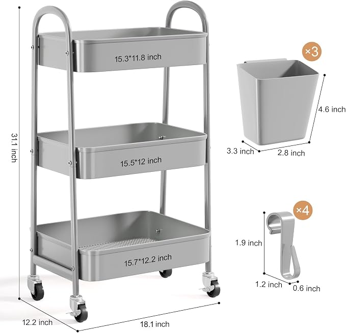 3 Tier Gray Metal Rolling Cart, Storage Cart with Handle & Lockable Wheels | Multifunctional Three Tiered Utility Organizer Carts for Kitchen, Office, Bathroom, Craft, Art,Snack,Baby Supplies,Mesh Shelf - Image 9