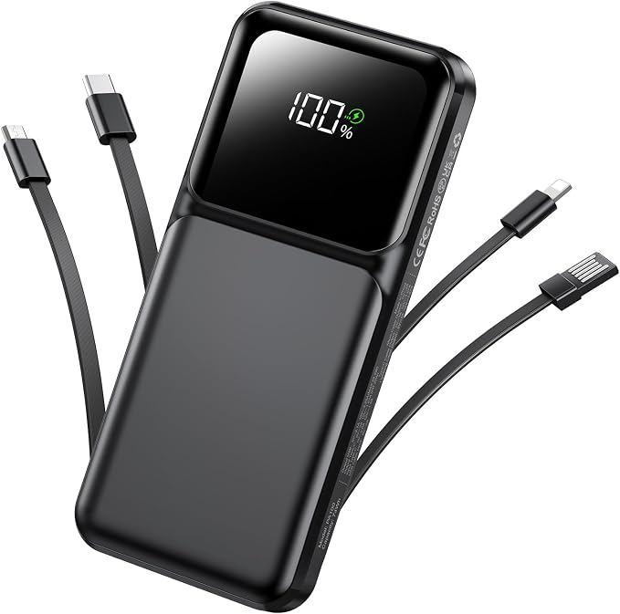 Portable Charger Power Bank with Built in Cable 20000mAh Fast Charging | 22.5W USB C Fast Charging Battery Pack for iPhone Android, Slim, LED Display,5 Outputs & 3 Inputs,Travel Essentials by RONEGN
