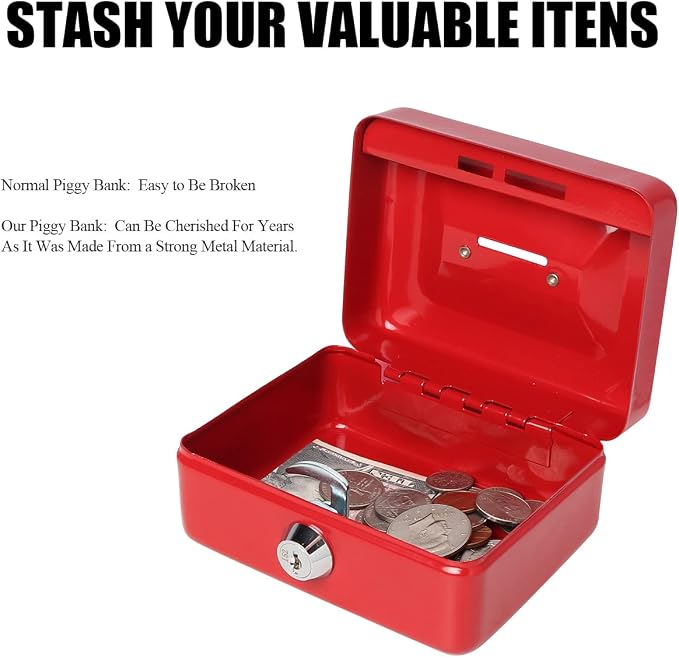 Small Cash Box with Lock and Slot - Jssmst Metal Coin Bank Piggy Bank for Adults and Kids, Red(SMCB0303N) - Image 5