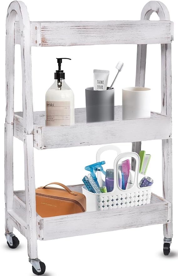 3-Tier Rolling Utility Cart with Lockable Wheels Storage Slim Storage Heavy Duty Cart Mobile Shelving Unit Craft Narrow Organizer for Bathroom Laundry Kitchen (Vintage White) by WAYTOSUC