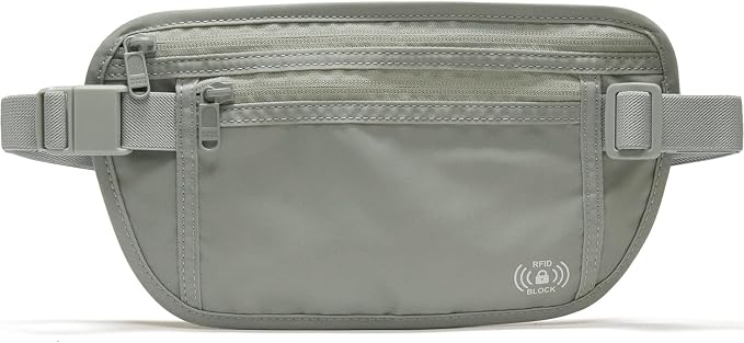 Pander RFID Blocking Travel Money Belt – Hidden Waist Pouch for Passport, Cash, Cards, Slim Belt Bag for Men and Women, Light Grey by Pander