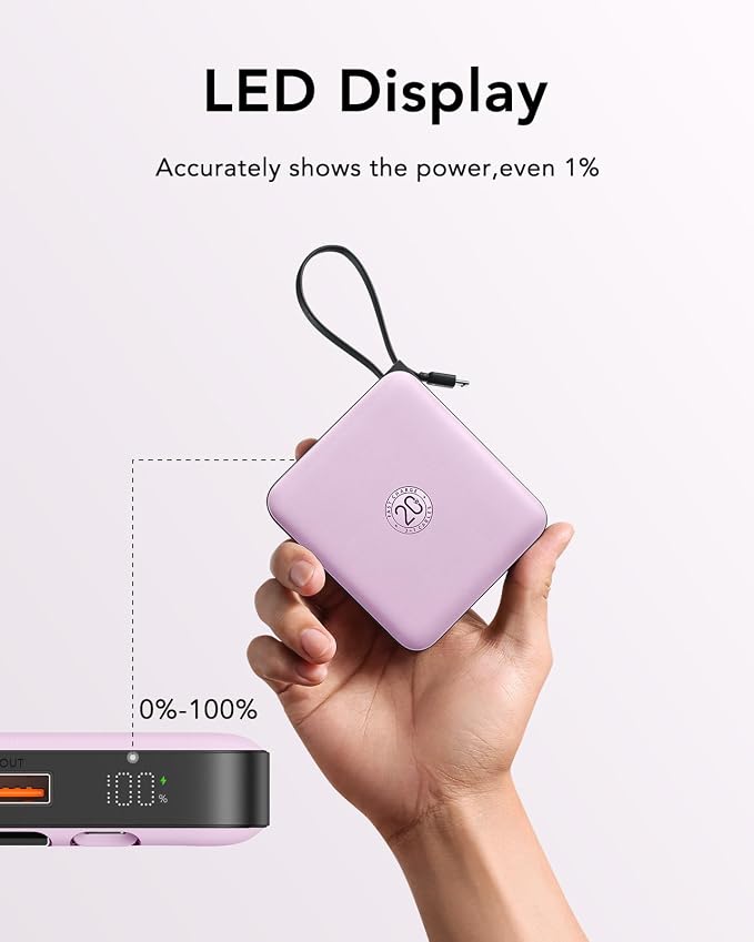 VRURC Portable Charger 10000mAh Battery Pack, Cell Phone Power Bank, Purple | Built-in Cables, 22.5W Fast Charging, Slim, Travel Essentials, Airline-Approved, for iPhone 17/16/15 Series, Samsung Android - Image 6