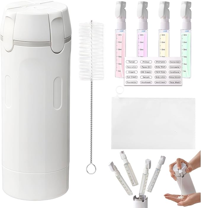 4 in 1 Travel Dispenser, Refillable Leak Proof Travel Bottle Set (White) | 4 Pack 30ML TSA Approved Travel Toiletry Bottles with Stickers, Brush & Storage Bag for Shampoo, Lotion and Conditioner by JAIZAIWJ