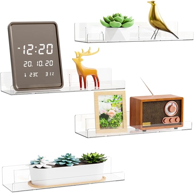 4 Pack Acrylic Shelves for Wall Storage,No Drilling Adhesive Shelves,Clear Stick On Bathroom Wall Shelf Organizers,Plastic Floating Shelves for Perfume,Funko,Lego,Skincare,Bookshelf for Kids by Yieach