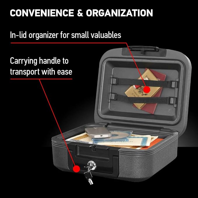 SentrySafe Charcoal Gray Fireproof and Waterproof Safe Box with Key Lock, Portable Chest for Money, Passport, 0.28 Cubic Feet, 6.6 x 15.4 x 14.3 Inches, CHW20221 | Fire and Water Resistant Protection, Key Lock Security, Portable Chest Safe Protects Val... - Image 5