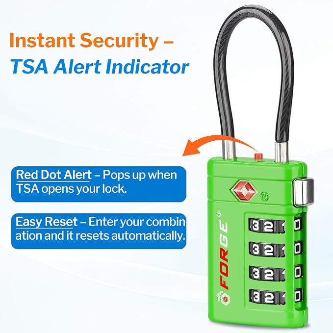 Forge TSA Approved Luggage Locks 4 Digit Combination TSA Travel Locks with TSA008, Open Alert Indicator, Zinc Alloy Body for Luggage, Suitcase, Backpack, and More. Green 4 Locks. - Image 3