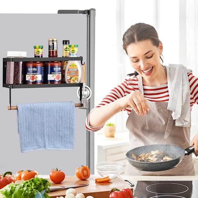 Magnetic Spice Rack for Refrigerator Magnetic Paper Towel Holder for Fridge Magnetic Shelf Magnetic Shelves 2 Hooks Fridge Magnet Organizer Spice Rack Seasoning Organizer Kitchen Storage - Image 3