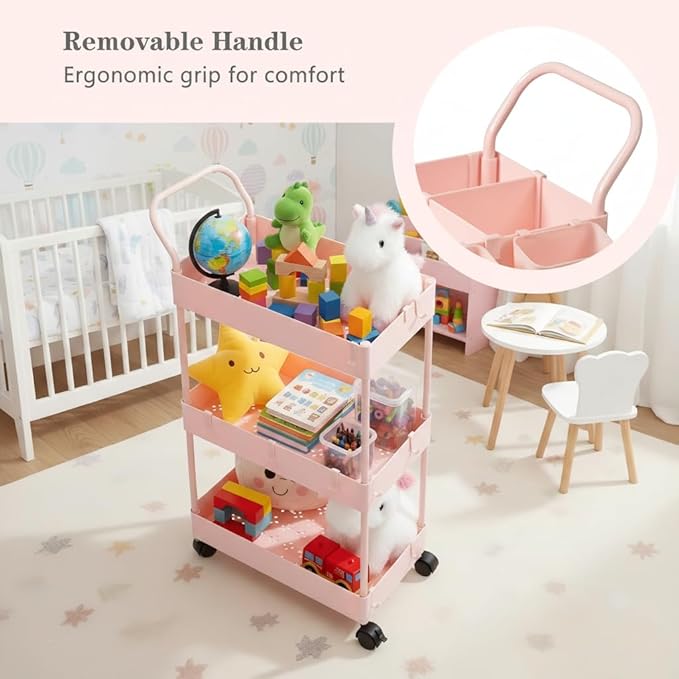 danpinera Slim Storage Cart, 3 Tier Narrow Rolling Cart on Wheels Bathroom Organizer with Dividers Handle Hanging Cups Hooks for Laundry Room Kitchen Small Spaces, Pink - Image 4