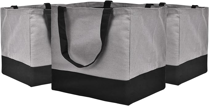 3 Pack Canvas Reusable Grocery Bags Heavy Duty, 8.3 gal Foldable Large Tote Bag with Handles, Holds 60 lbs Canvas Shopping Bags & Washable Eco-friendly Bags with 5 Pockets, Grey+Black by CNaiyunpin