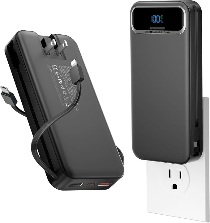 aonidi Portable Charger 20000mAh with Built-in Cables&AC Wall Plug, Black | PD20W Fast Charging,Travel Essential,TSA Approved,LED Display,All in One USB C Power Bank for All Cell Phones Devices by AONIDI