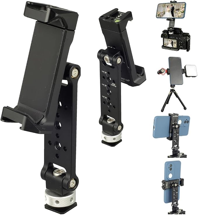 Aluminum Phone Tripod Mount Adapter with Cold Shoe and 1/4” Threaded Holes, 360° Rotation 230° Tilt Camera Phone Holder Mount for iphone Camera Monitoring Gimbals Stabilizers Tripods Phone Holder by Unknown