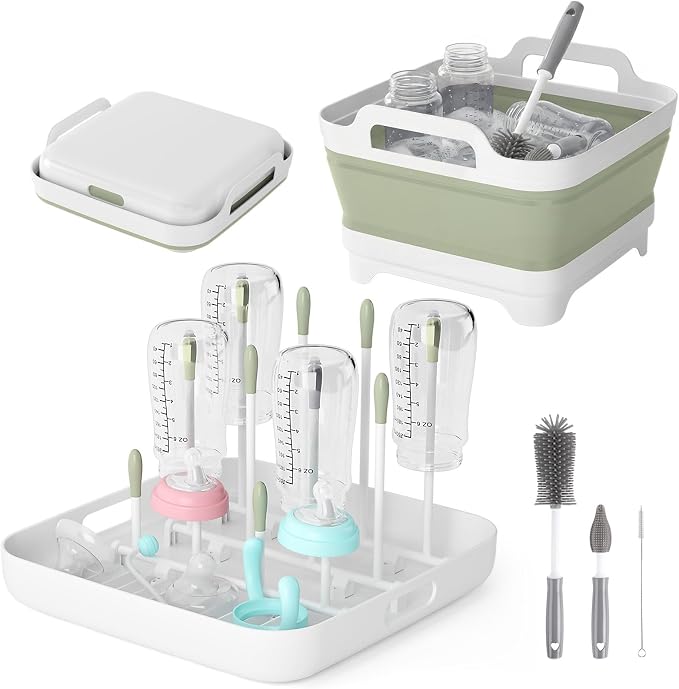 Volnamal Collapsible Wash Basin with Drying Rack & Drain Plug (Green) | Portable 2.4 Gal Dish Tub, Foldable Basin for Baby Bottles, Vegetable, Camping Sink, Kitchen, RV, Camp, Outdoor Space-Saving by Volnamal