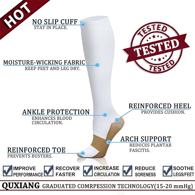 QUXIANG Copper Compression Socks for Women & Men Circulation (8 Pairs) - Best for Running Athletic Cycling - 15-20 mmHg - Image 3