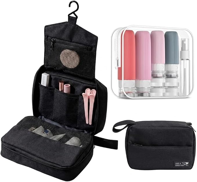 Portable Travel Toiletry Bag with Multiple Compartments | Leak Proof Bottle Set & Waterproof Hanging Organizer for Men & Women | Large Capacity for Makeup, Beach, Bathroom Essentials & Personal Items by Unknown