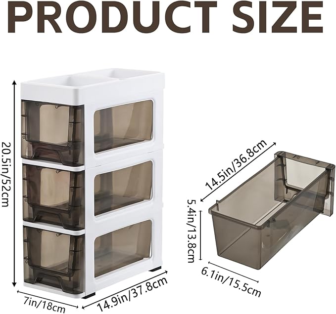 3 Drawer Storage Organizer, Narrow Slim Plastic Storage Drawer Cart with 4 Wheels, 3 Tier Space Saving Storage Tower Box, Narrow Storage Cart for Small Space Bedroom Bathroom Kitchen Pantry Office - Image 2