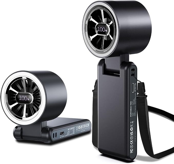 CAZOKASI Rechargeable Strong Wind Handheld Fan With Ambient Lighting 4 IN1 5000mAh Upto 22H For Desktop Waist Clip Neck (StrongWind/Black) by CAZOKASI
