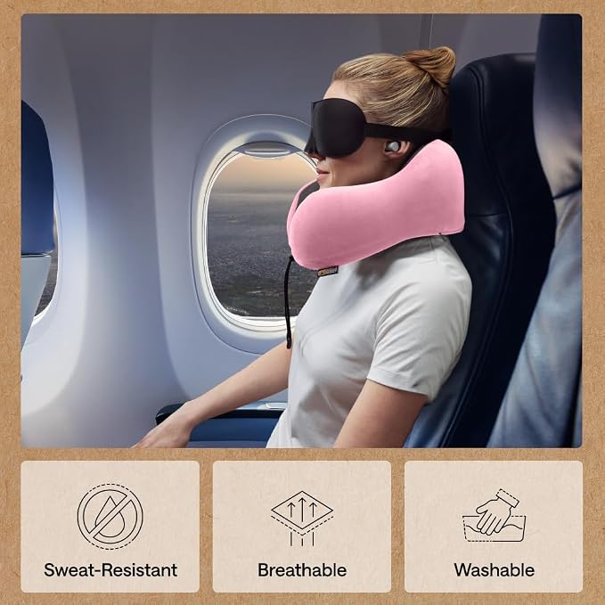 GORILLA GRIP Adjustable Travel Neck Pillow for Airplanes, CertiPUR-US® Memory Foam, Soft Velvet and Cooling Mesh Pillows, Support Headrest for Sleeping, Traveling Essentials, Flight Accessories, Pink - Image 5
