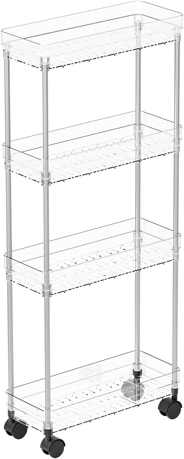 Clear 4 Tier Slim Rolling Storage Cart with Wheels,6.3″W Thin Shelf,Bathroom Storage Cabinet,Skinny Laundry Cart,Narrow Laundry Room Cart Between Washer and Dryer,Skinny Shelves for Small Space - Image 9