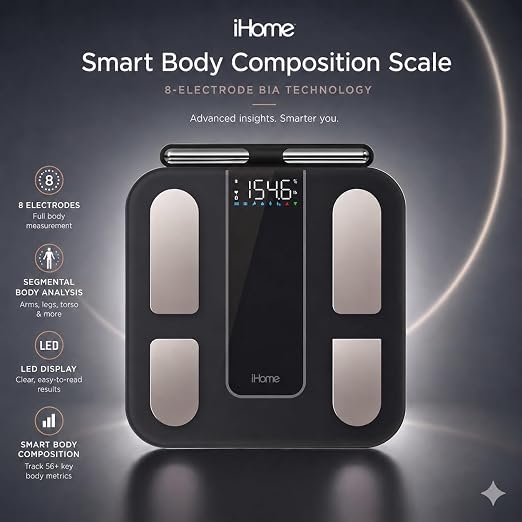 iHome 8 Electrode Smart Scale for Body Weight — Smart Scale with BMI, Body Fat, Muscle Mass, 56 Composition Metrics, Heart Rate, Bluetooth, 397lb - Image 2