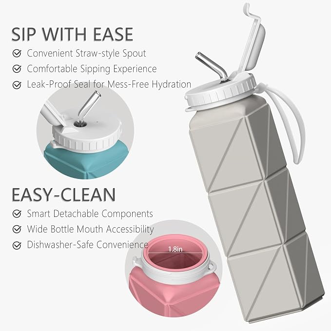 BEAUTAIL Collapsible Water Bottles with Straw 21 oz, Travel Water Bottle | BPA Free, Leakproof & Reusable, Silicone Foldable Water Bottle for Traveling, Hiking, School, Sport, 2-Pack, Black+Starlight - Image 6