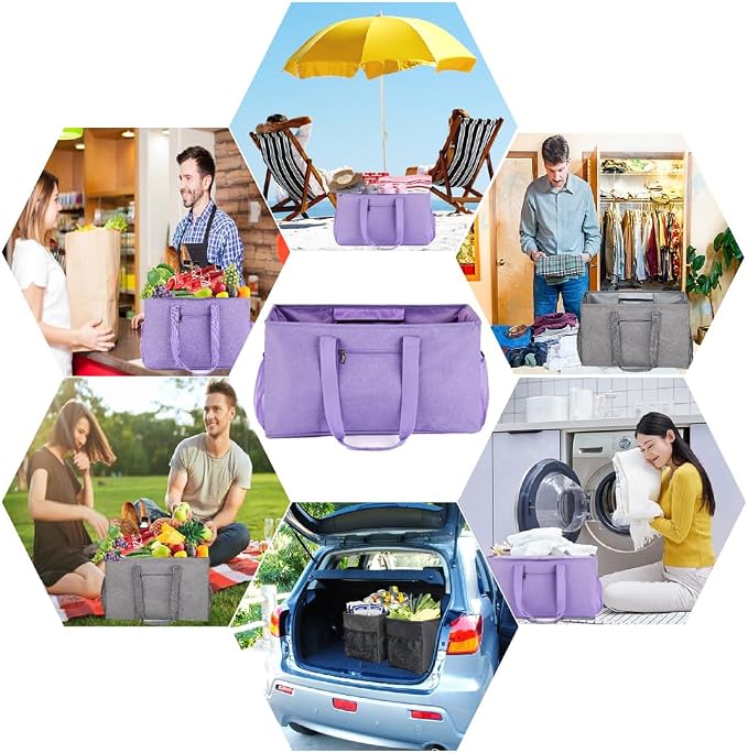 Extra Large Utility Tote Bag - Reusable Grocery Bags Foldable Heavy Duty | Large Shopping Tote 4 Pockets & Reinforced Handles, Water-Resistant Collapsible Tote for Beach, Picnic, Car Storage - Image 6