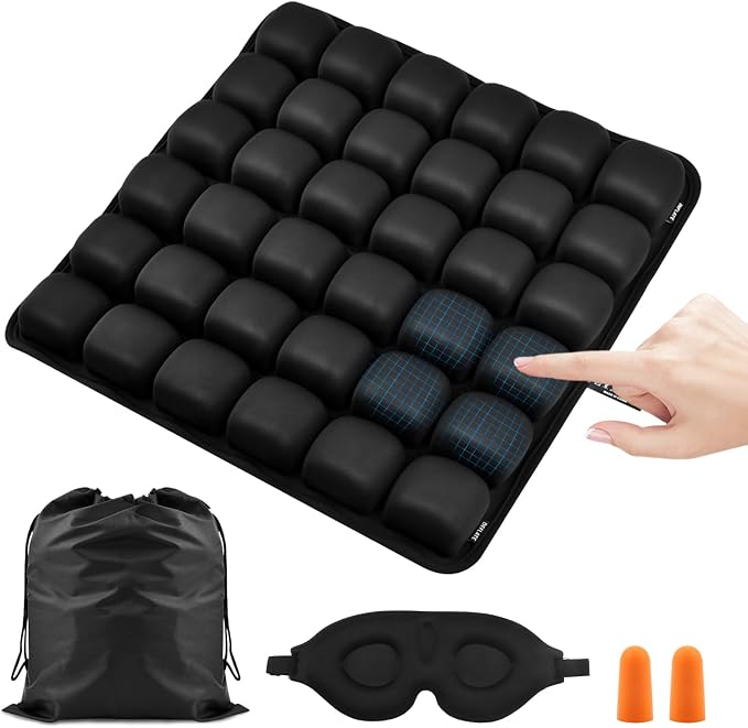 Airplane Seat Cushion, Portable Air Pad with Built-in Pump for Long Flights & Car Rides, Inflatable Seat Cushion for Office,Travel & Hard Dining Chairs, Ergonomic Comfort Support(COLOR:Black) by Unknown